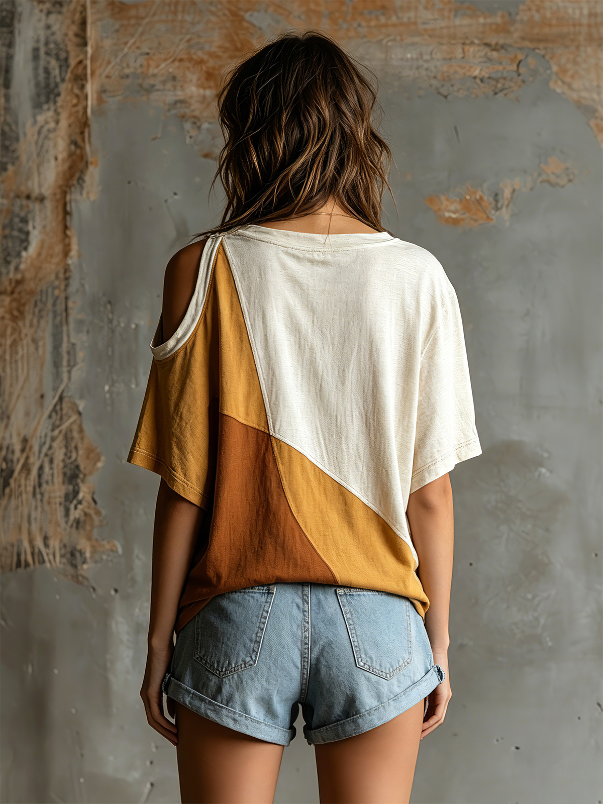 ElevenOra Chic Casual White-Camel Colorblock Round-Neck Cutout Shoulder Short-Sleeve Oversize Cotton Blend T-Shirt Top
