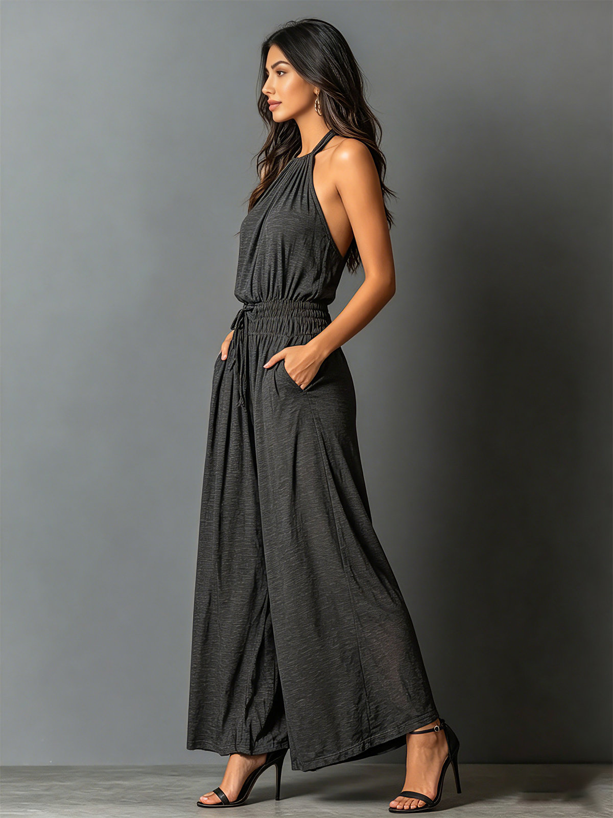 ElevenOra Chic Elegant Charcoal Black Halter Neck Sleeveless Smocked Tailored-Waist Wide-Leg Stretchy Cotton Jumpsuit